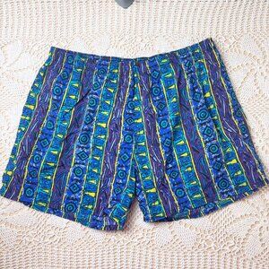 Vintage 1990s Tower Bay Men's 2X Rad Funky Print Blue Striped Swim Trunks Shorts